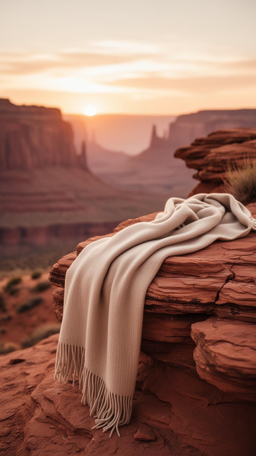 Sand-colored blanket draped on warm red rock at sunset