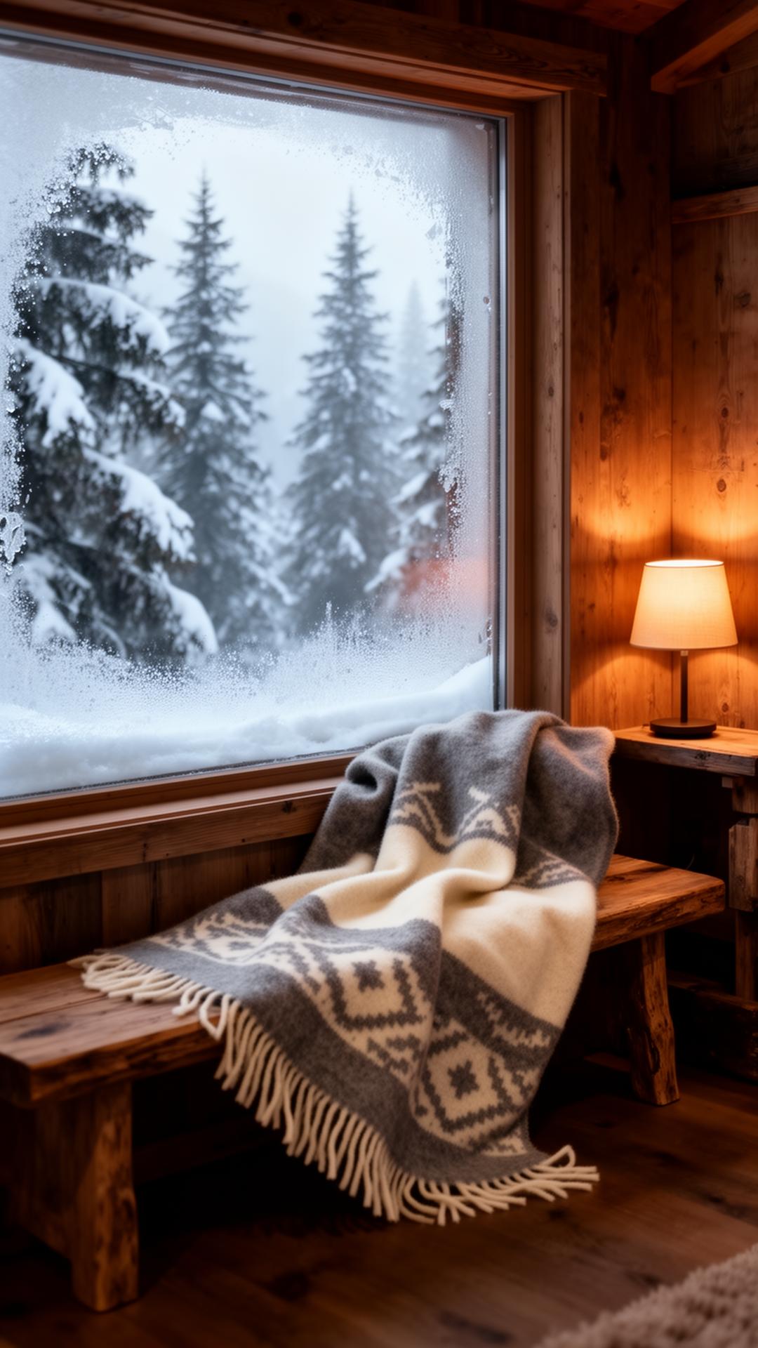 Soft western blanket on a cabin bench with snow outside