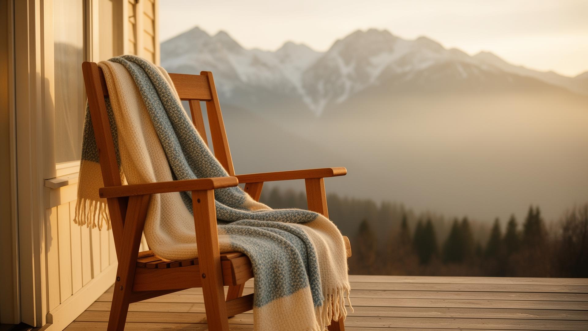 Soft western blanket on a wooden chair with Teton-style mountains at golden hour